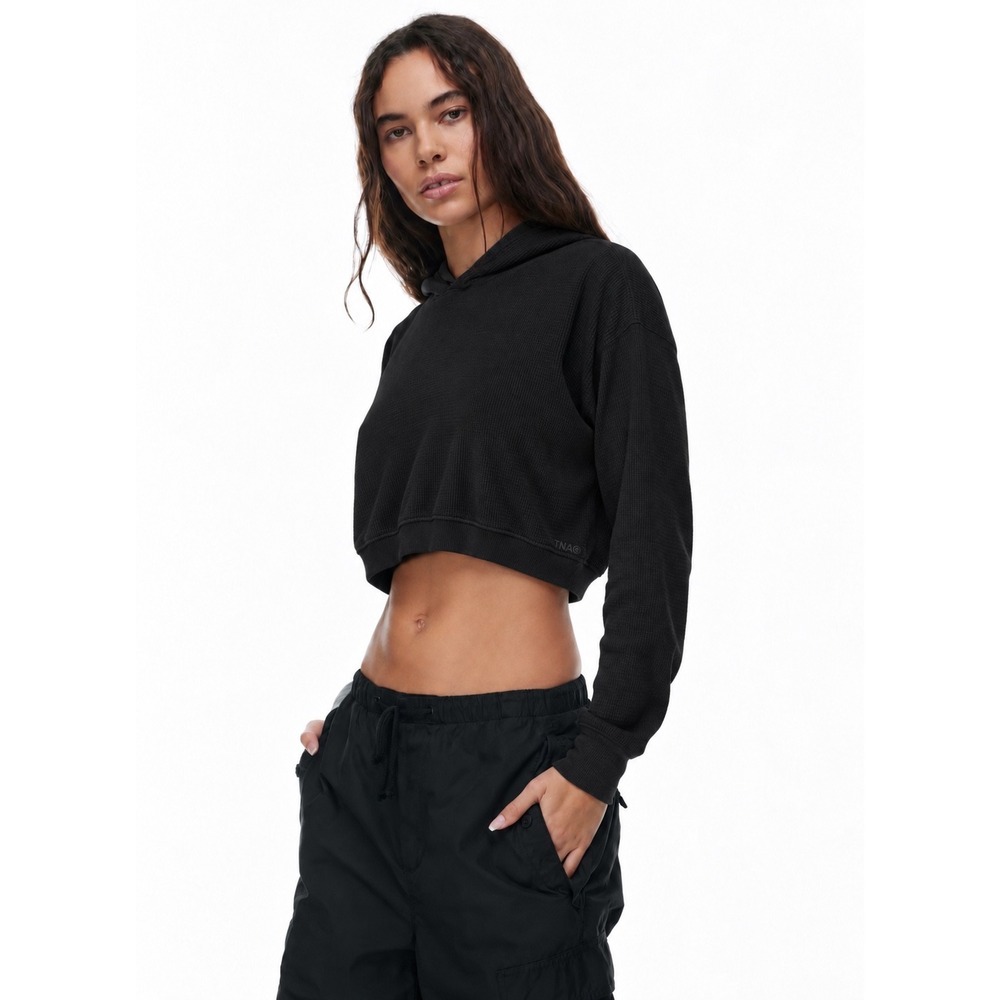 Aritzia TNA Waffle Knit Cropped Hoodie Black Long Sleeve Thermal 2XS